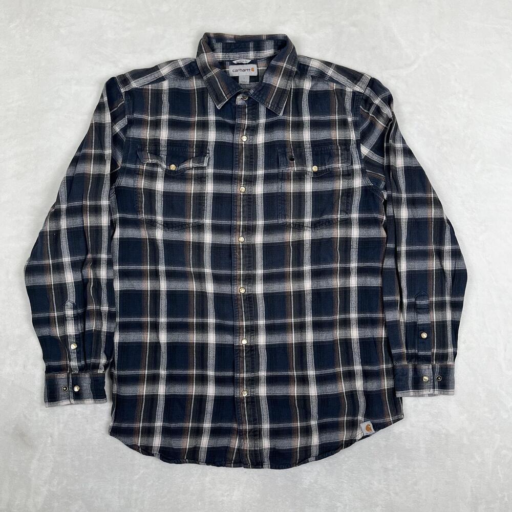Carhartt Shirt Mens Large Blue Plaid Flannel Long Sleeve Snap Front Workwear